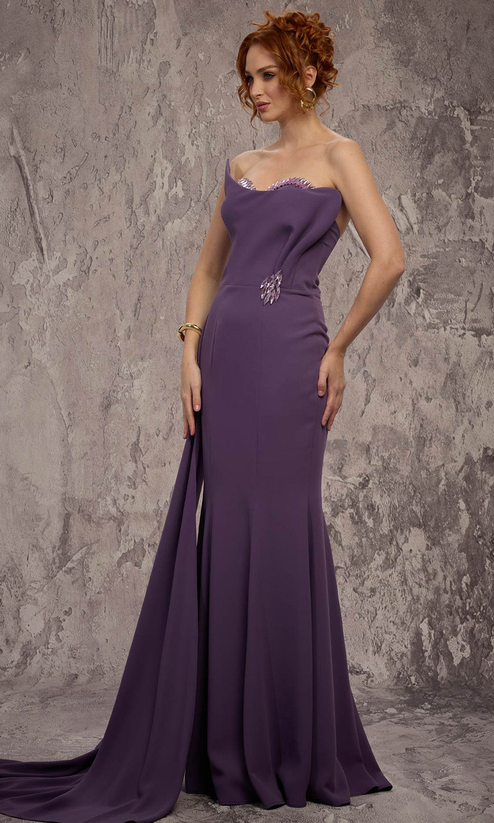 MNM COUTURE J03584 - Strapless Side Train Mermaid Gown Evening Dresses in Purple 
