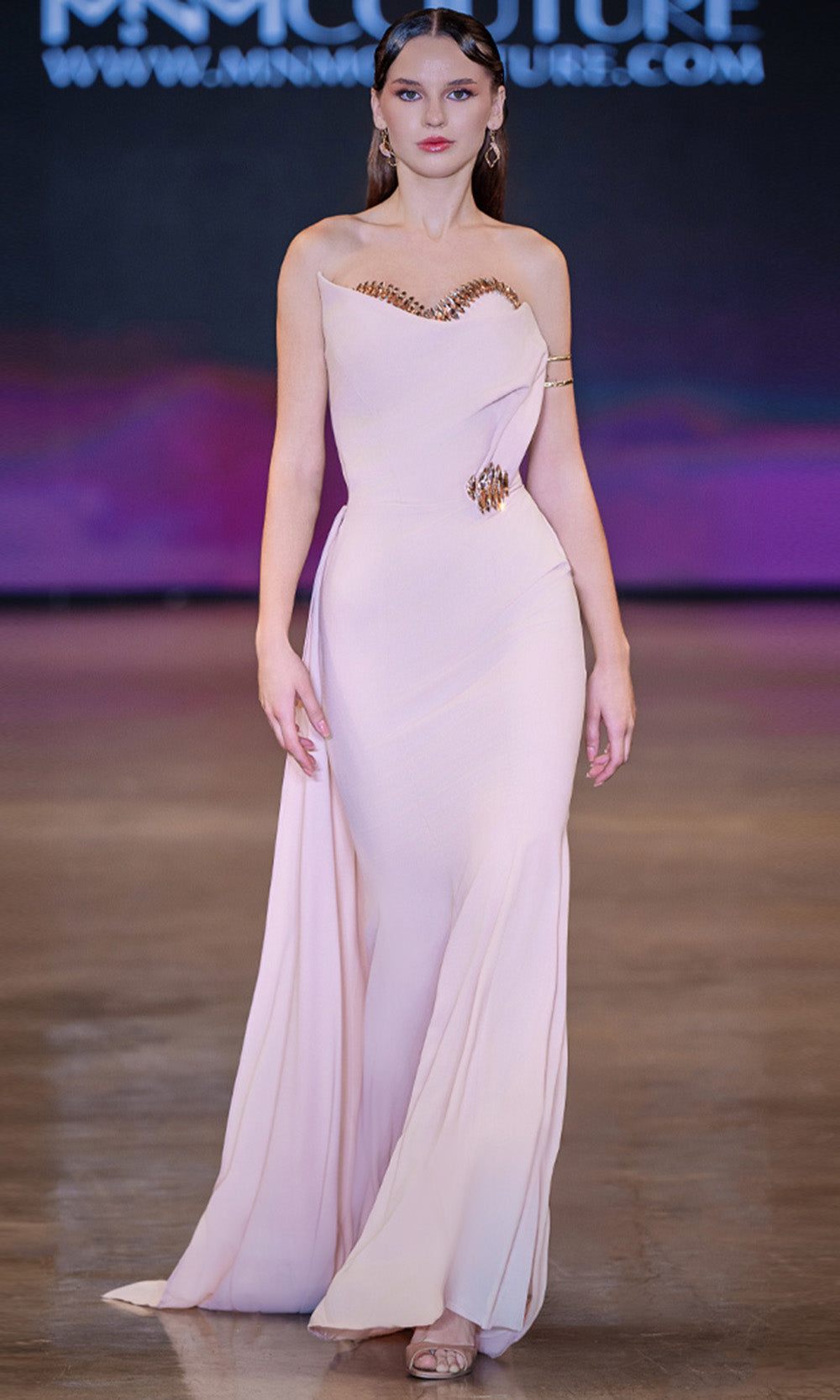 MNM COUTURE J03584 - Strapless Side Train Mermaid Gown Evening Dresses in Salmon 