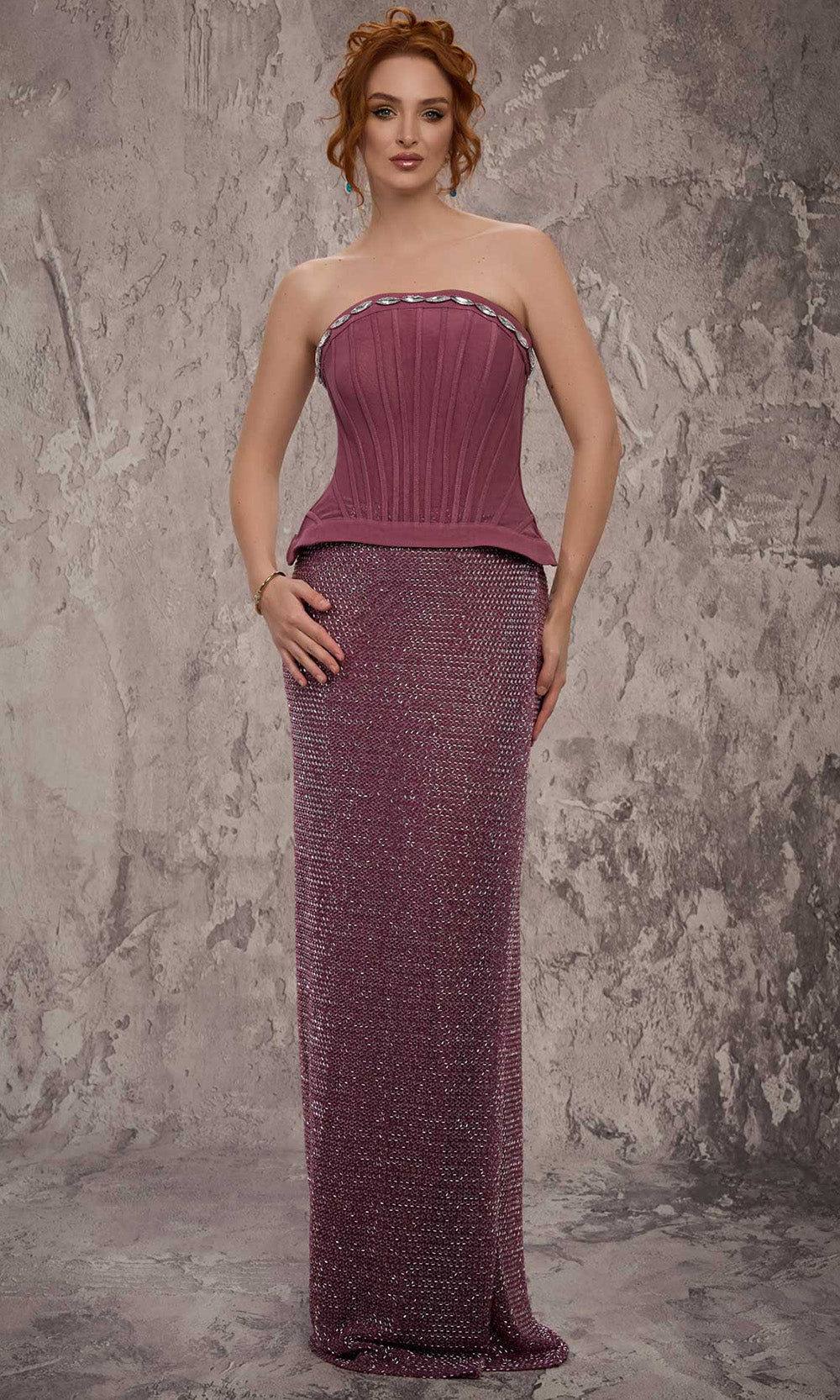 MNM COUTURE J03595 - Lace-Up Back Beaded Column Gown Prom Dresses in Purple 