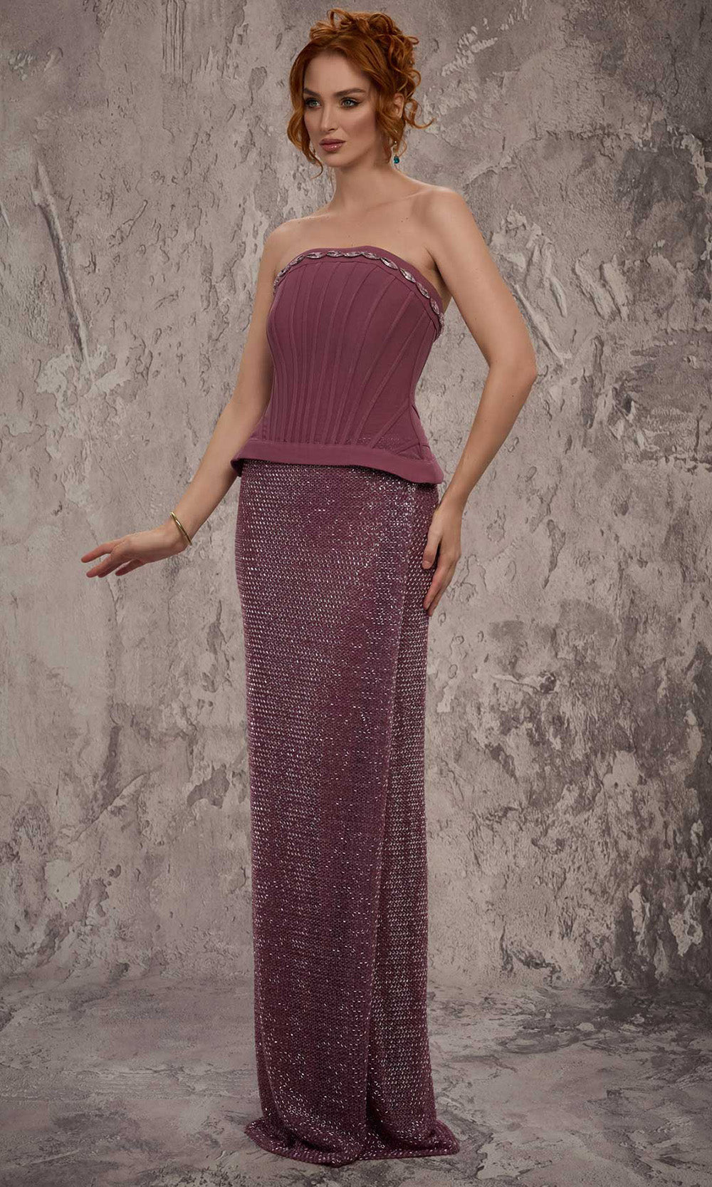 MNM COUTURE J03595 - Lace-Up Back Beaded Column Gown Prom Dresses in Purple 