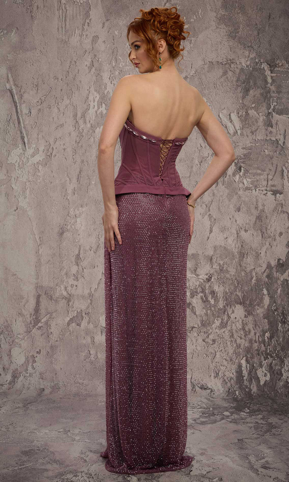 MNM COUTURE J03595 - Lace-Up Back Beaded Column Gown Prom Dresses in Purple 