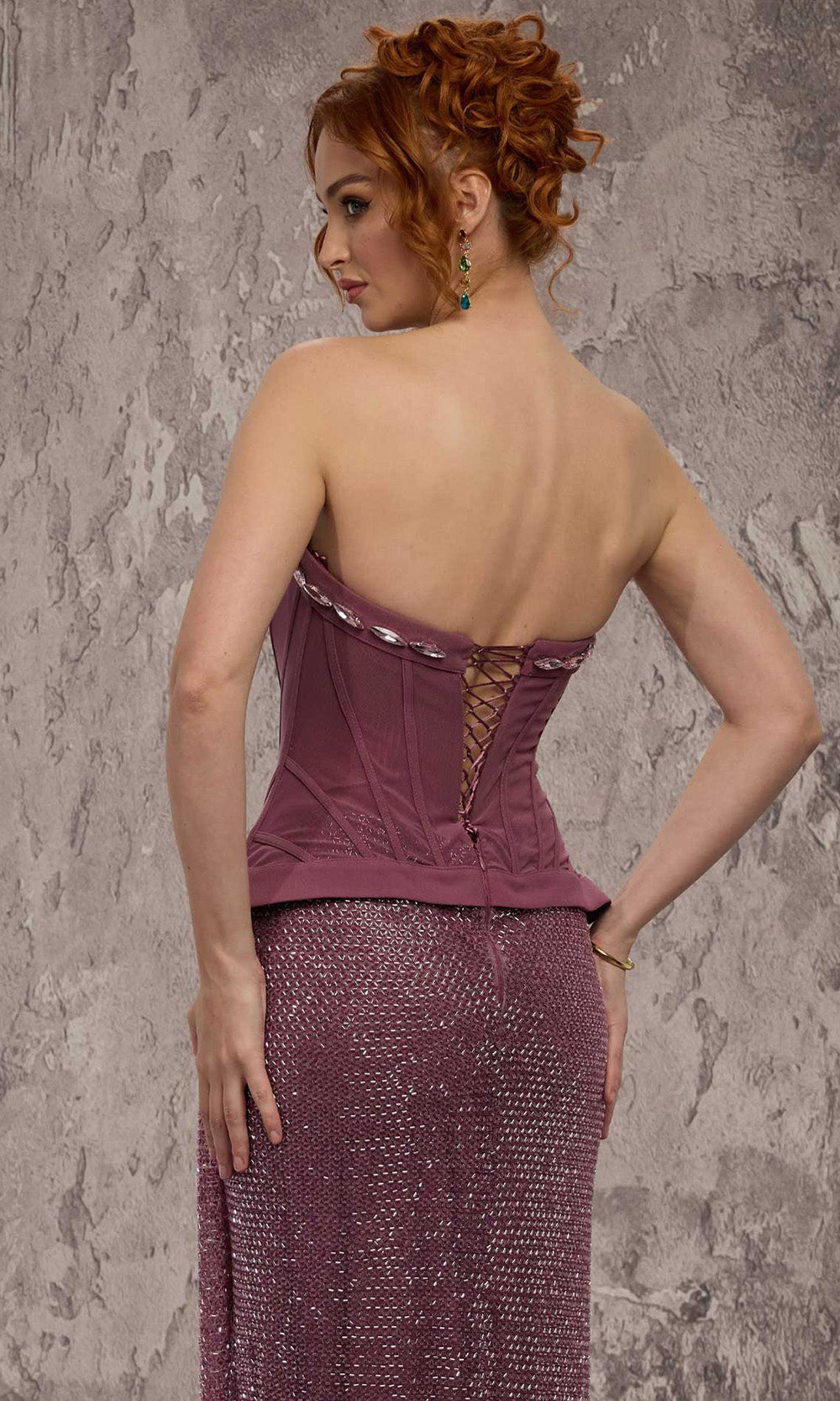 MNM COUTURE J03595 - Lace-Up Back Beaded Column Gown Prom Dresses in Purple 