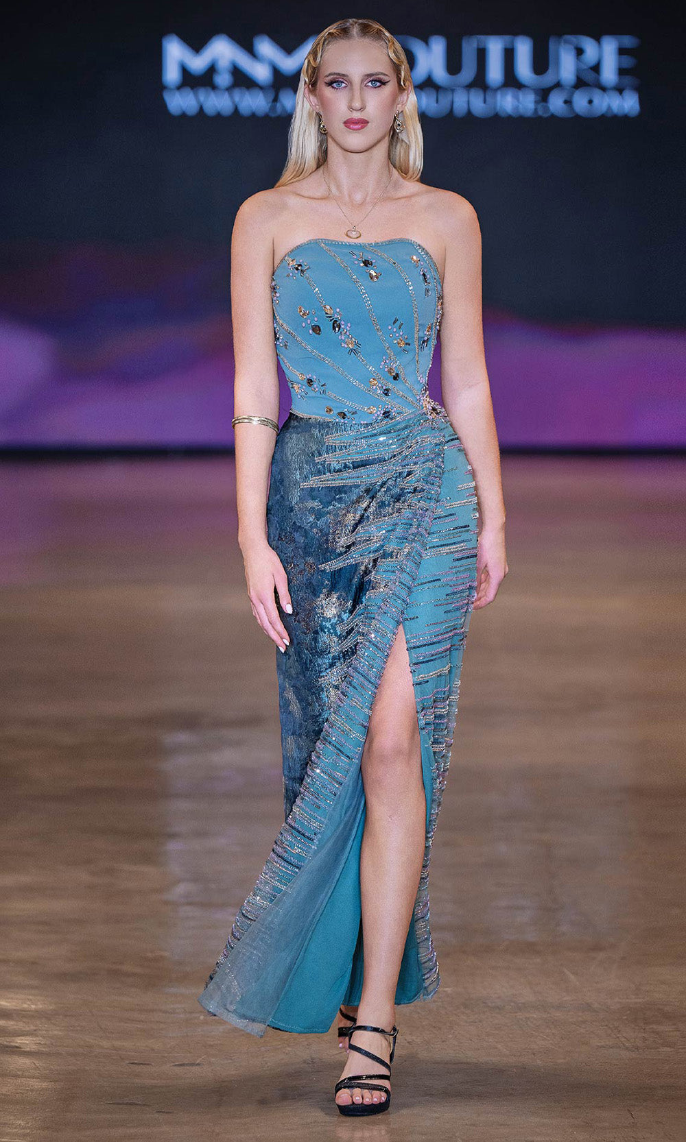 MNM COUTURE J03597 - Semi-Sweetheart Embellished Column Gown Prom Dresses in Blue 