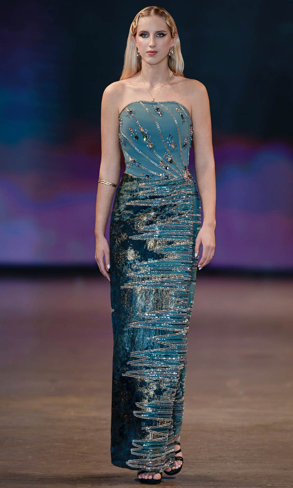 MNM COUTURE J03597 - Semi-Sweetheart Embellished Column Gown Prom Dresses in Blue 