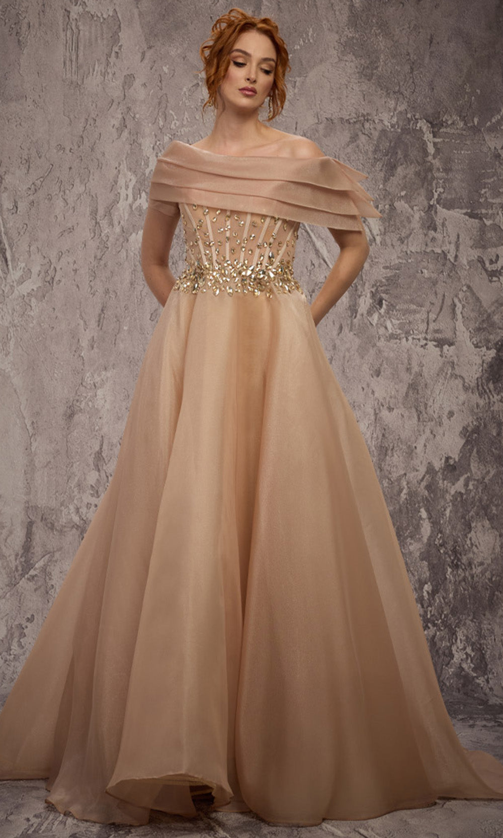 MNM COUTURE J03599 - Crystal Illusion Corset Organza Evening Gown Ball Gowns in Neutral 