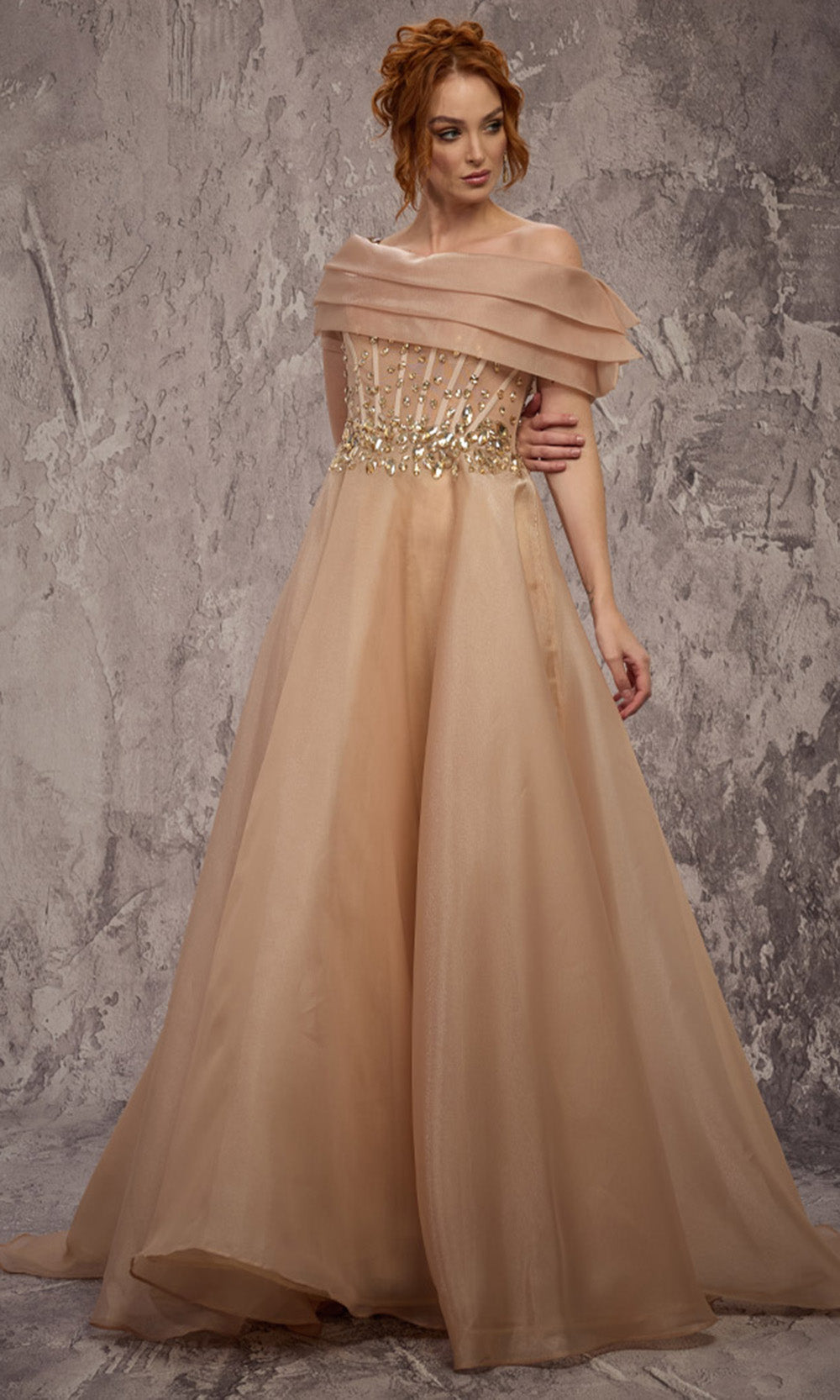 MNM COUTURE J03599 - Crystal Illusion Corset Organza Evening Gown Ball Gowns in Neutral 