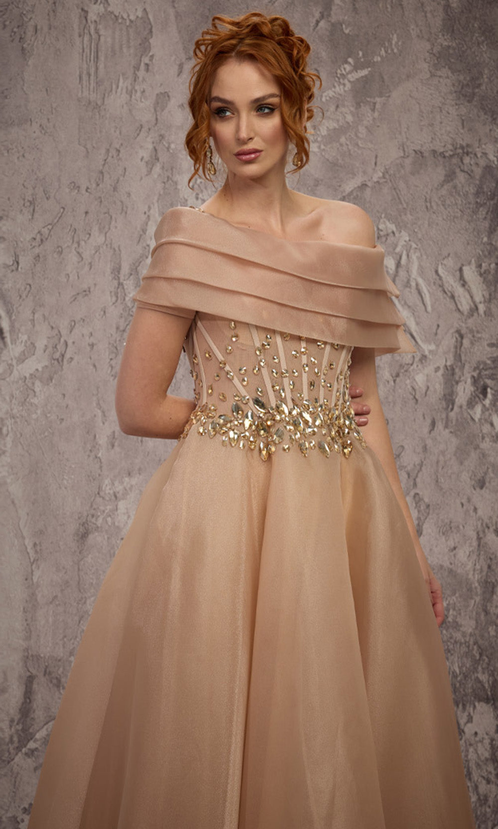 MNM COUTURE J03599 - Crystal Illusion Corset Organza Evening Gown Ball Gowns in Neutral 