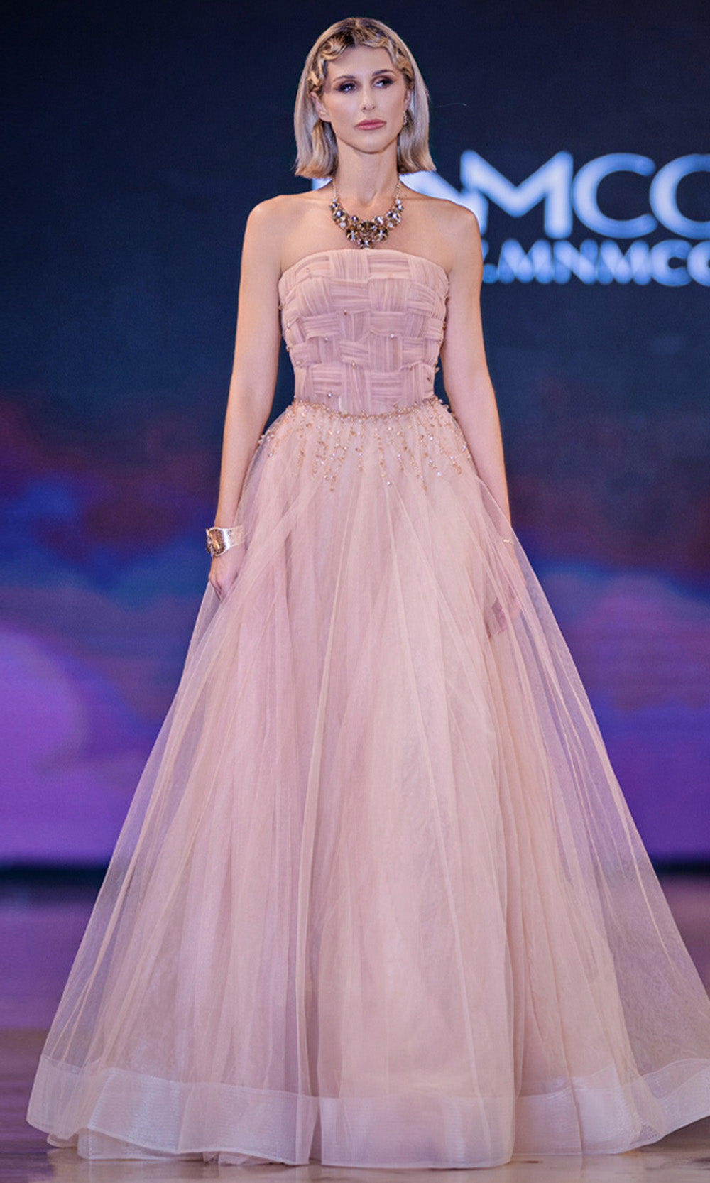 MNM COUTURE J03604 - Strapless Layered A-Line Gown with Crystals Prom Dresses in Gold 