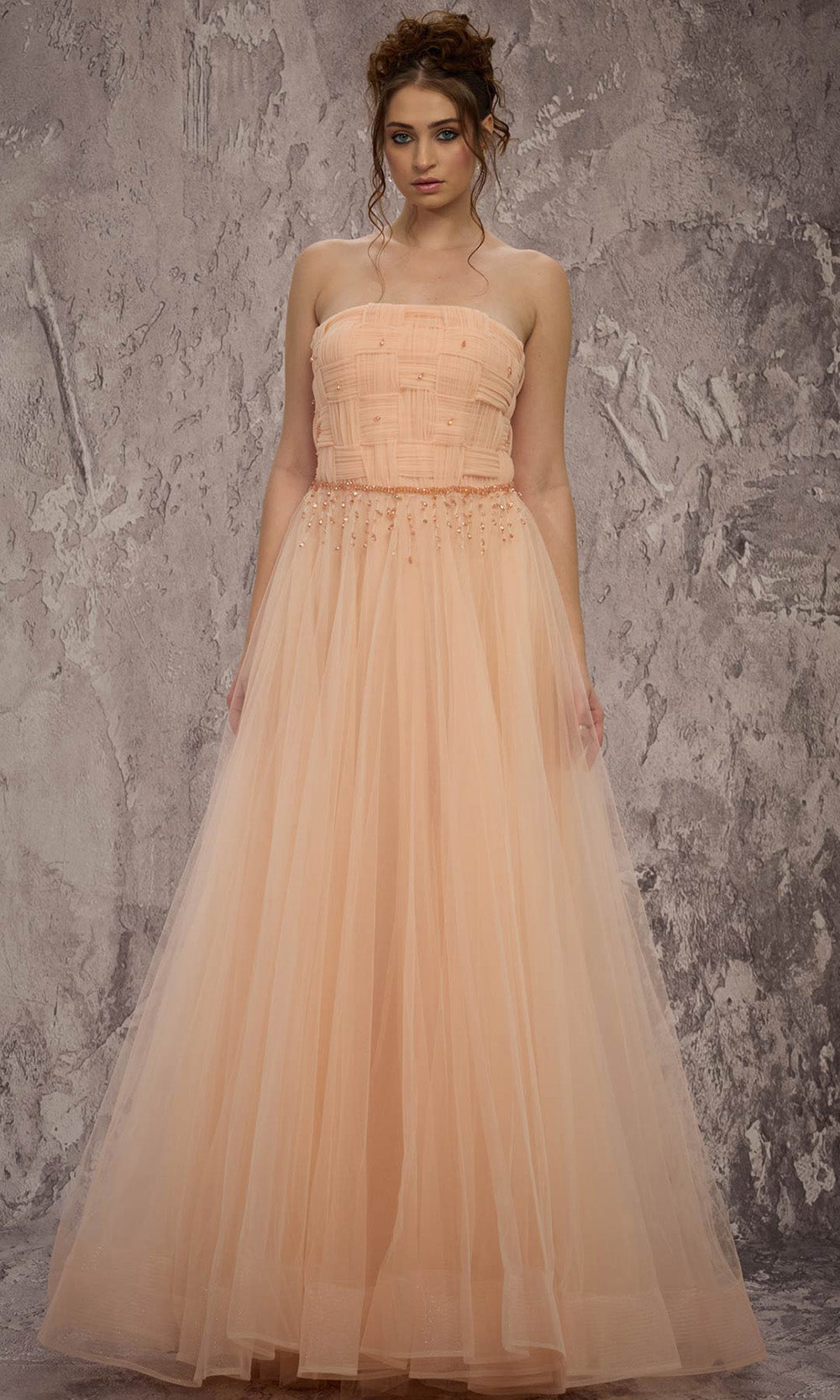 MNM COUTURE J03604 - Strapless Layered A-Line Gown with Crystals Prom Dresses in Gold 