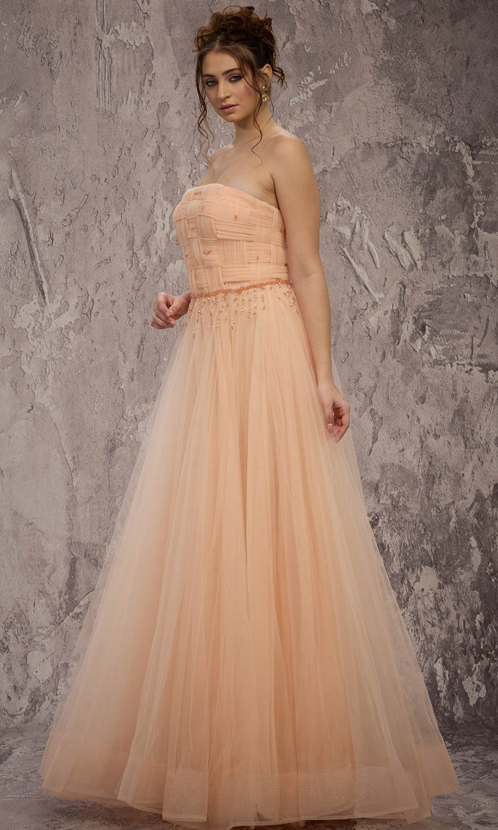MNM COUTURE J03604 - Strapless Layered A-Line Gown with Crystals Prom Dresses in Gold 