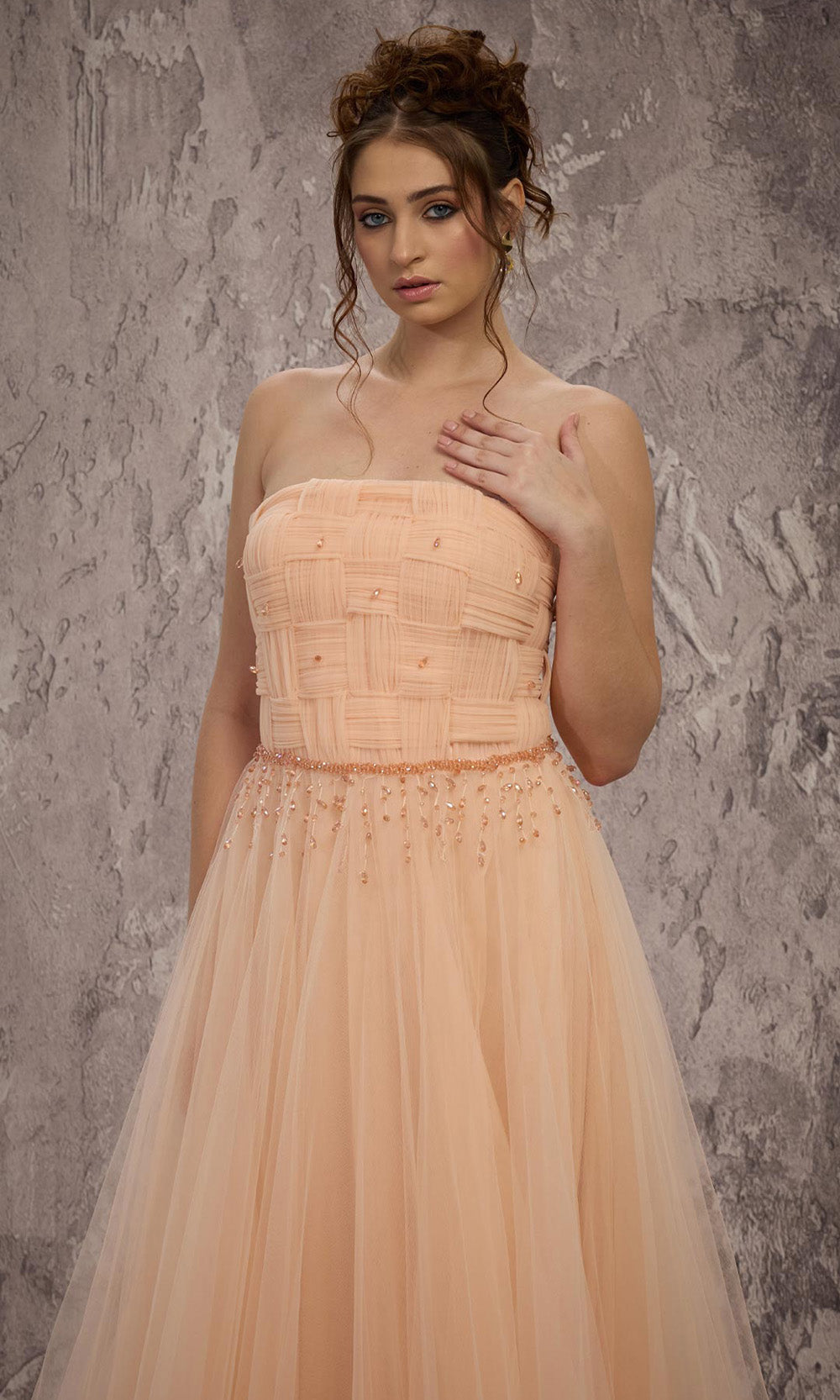 MNM COUTURE J03604 - Strapless Layered A-Line Gown with Crystals Prom Dresses in Gold 