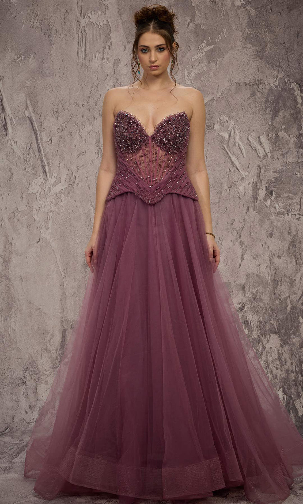 MNM COUTURE J03608 - Embellished Corset Strapless Organza Gown Prom Dresses in Purple 