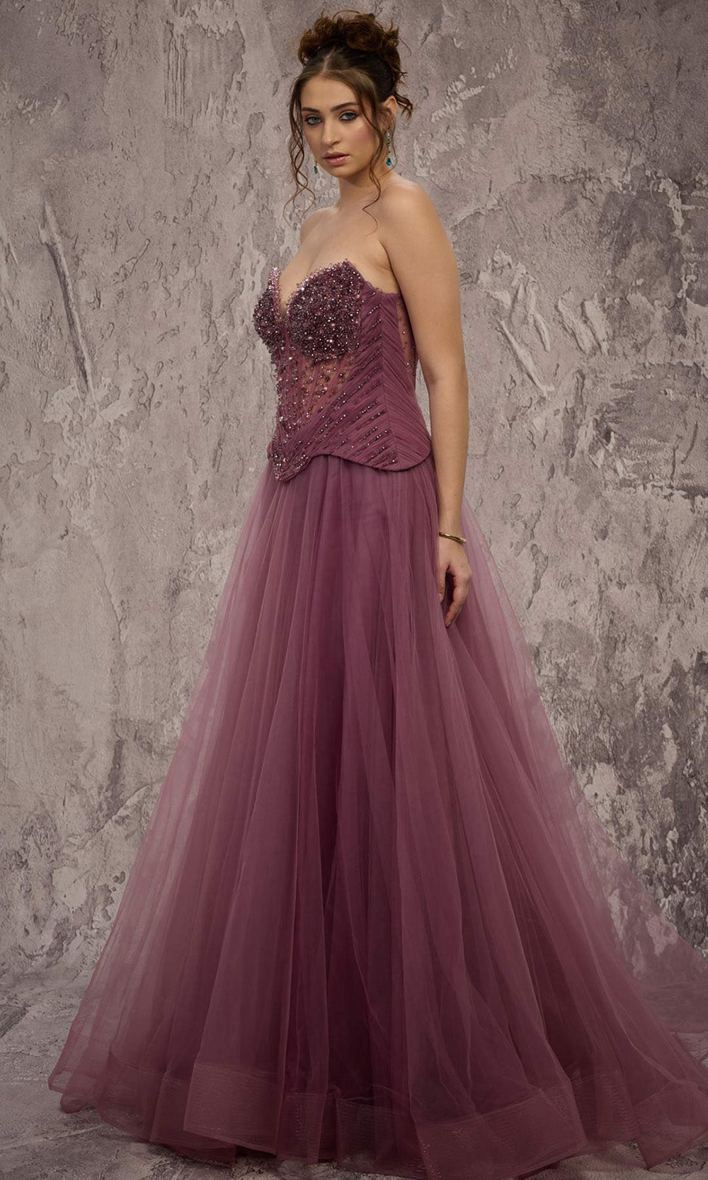 MNM COUTURE J03608 - Embellished Corset Strapless Organza Gown Prom Dresses in Purple 