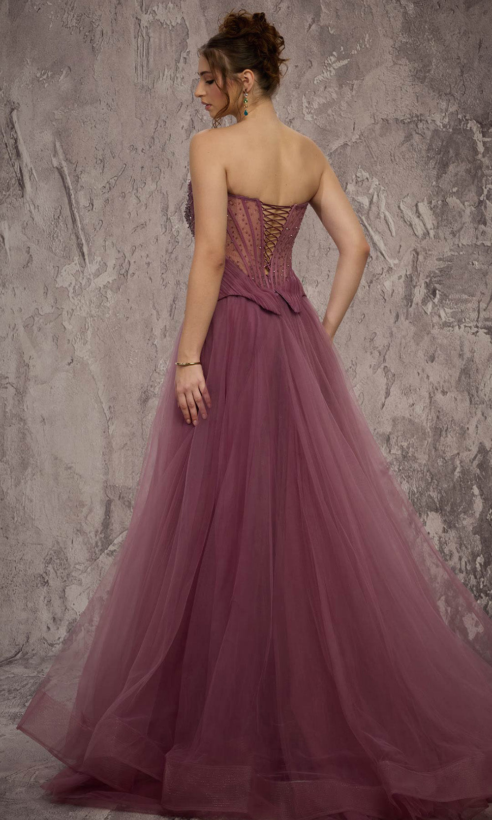 MNM COUTURE J03608 - Embellished Corset Strapless Organza Gown Prom Dresses in Purple 