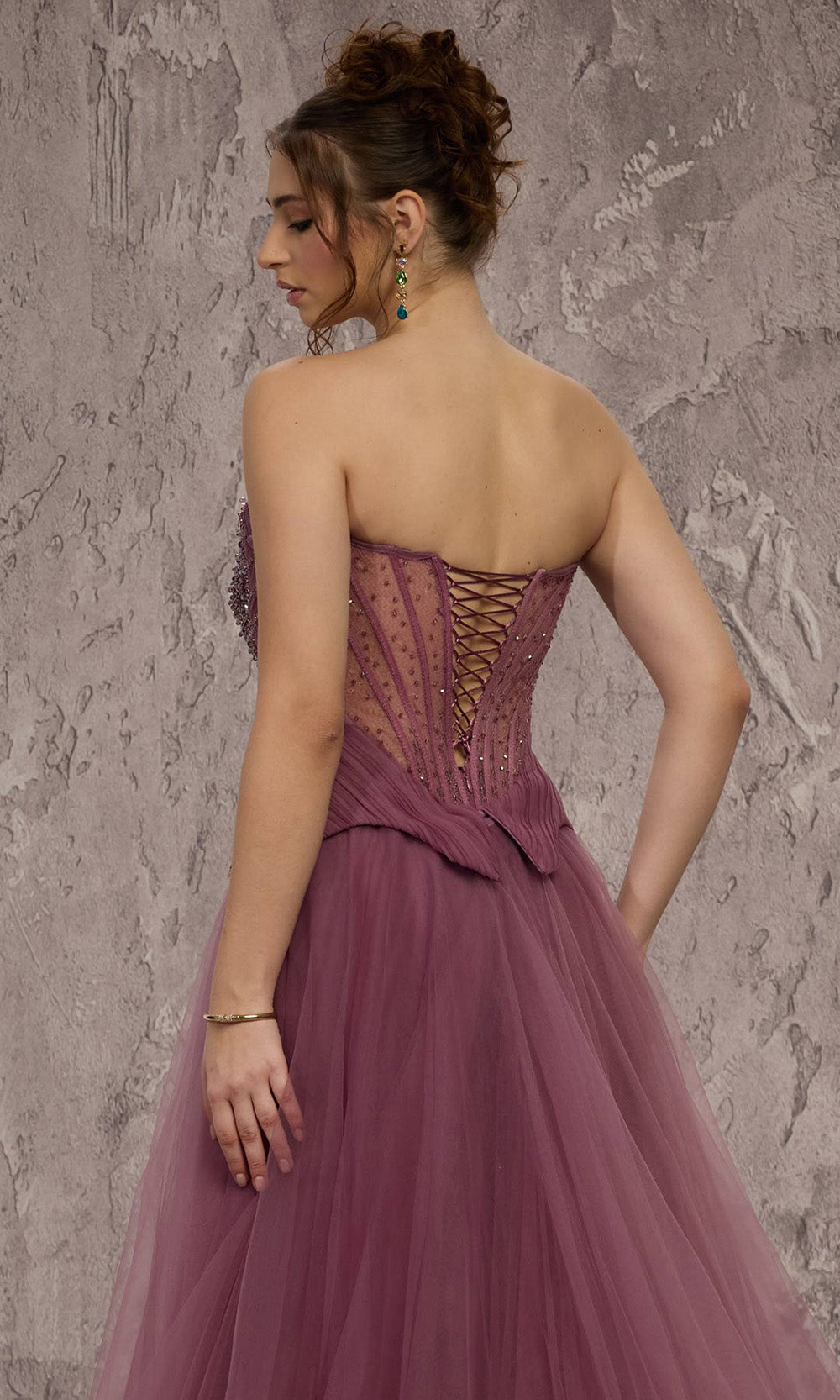MNM COUTURE J03608 - Embellished Corset Strapless Organza Gown Prom Dresses in Purple 