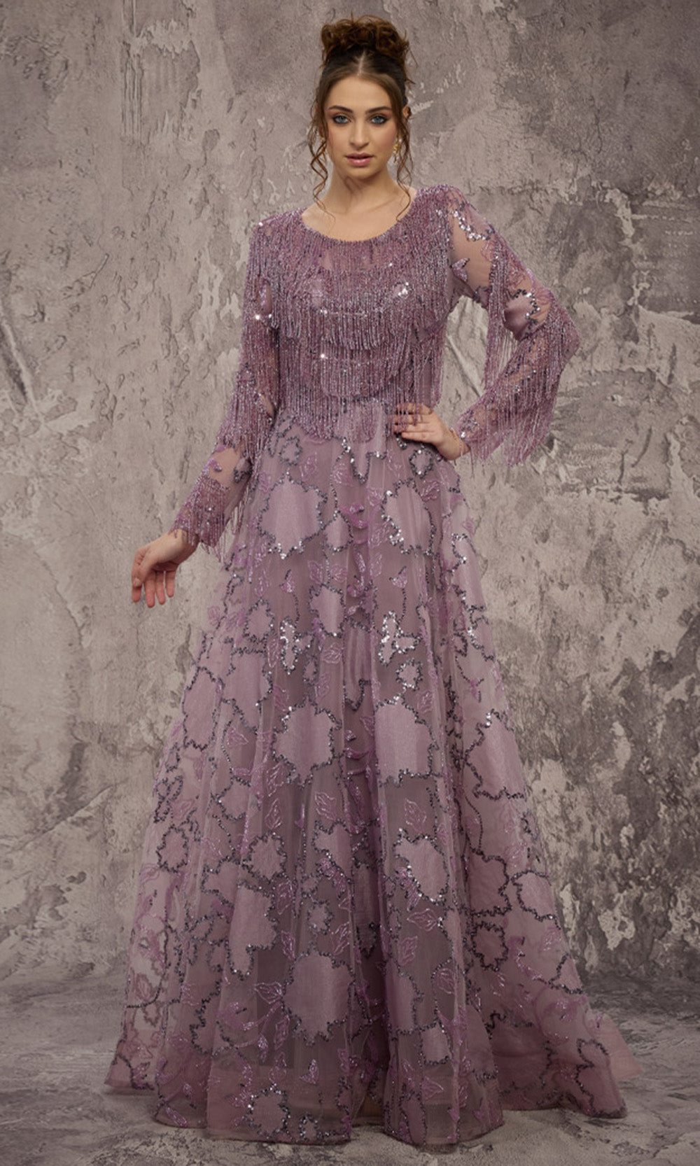 MNM COUTURE J03621 - A-Line Fringe Embellished Evening Gown Mother of the Bride Dresses in Purple 
