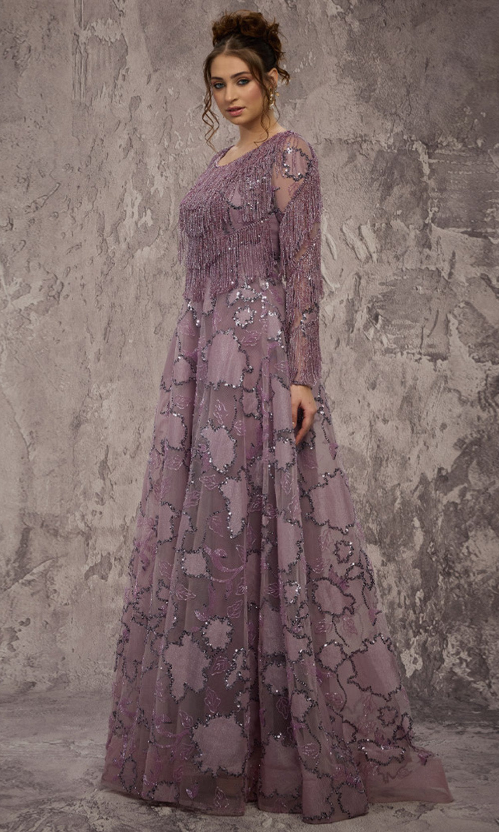 MNM COUTURE J03621 - A-Line Fringe Embellished Evening Gown Mother of the Bride Dresses in Purple 
