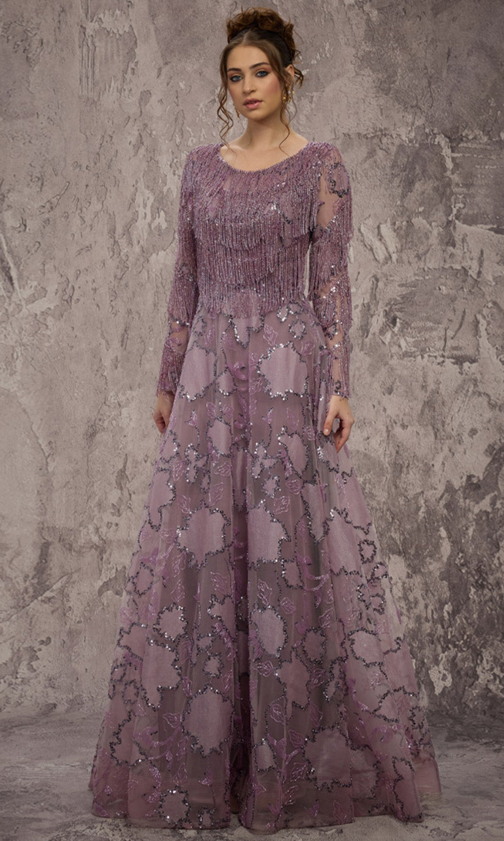 MNM COUTURE J03621 - A-Line Fringe Embellished Evening Gown Mother of the Bride Dresses in Purple 