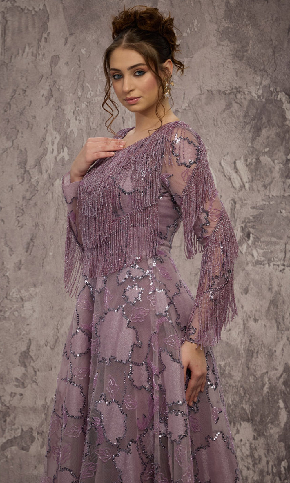 MNM COUTURE J03621 - A-Line Fringe Embellished Evening Gown Mother of the Bride Dresses in Purple 