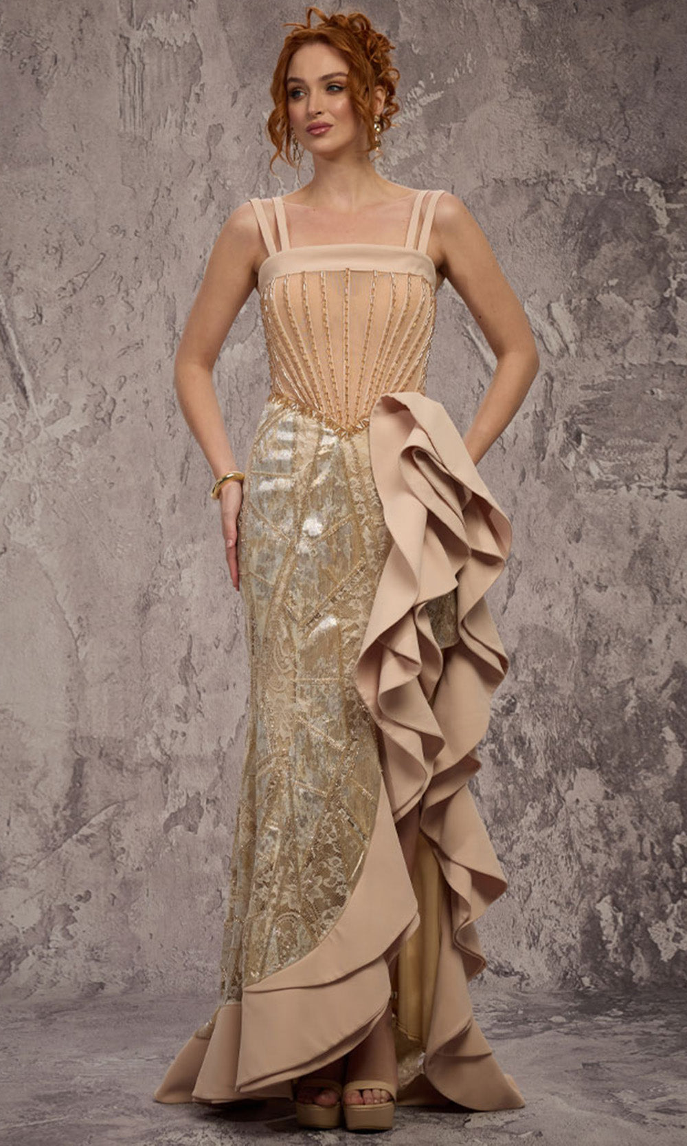 MNM COUTURE J03632 - Square Neck Ruffled Side Cascade Gown Evening Dresses in Gold 