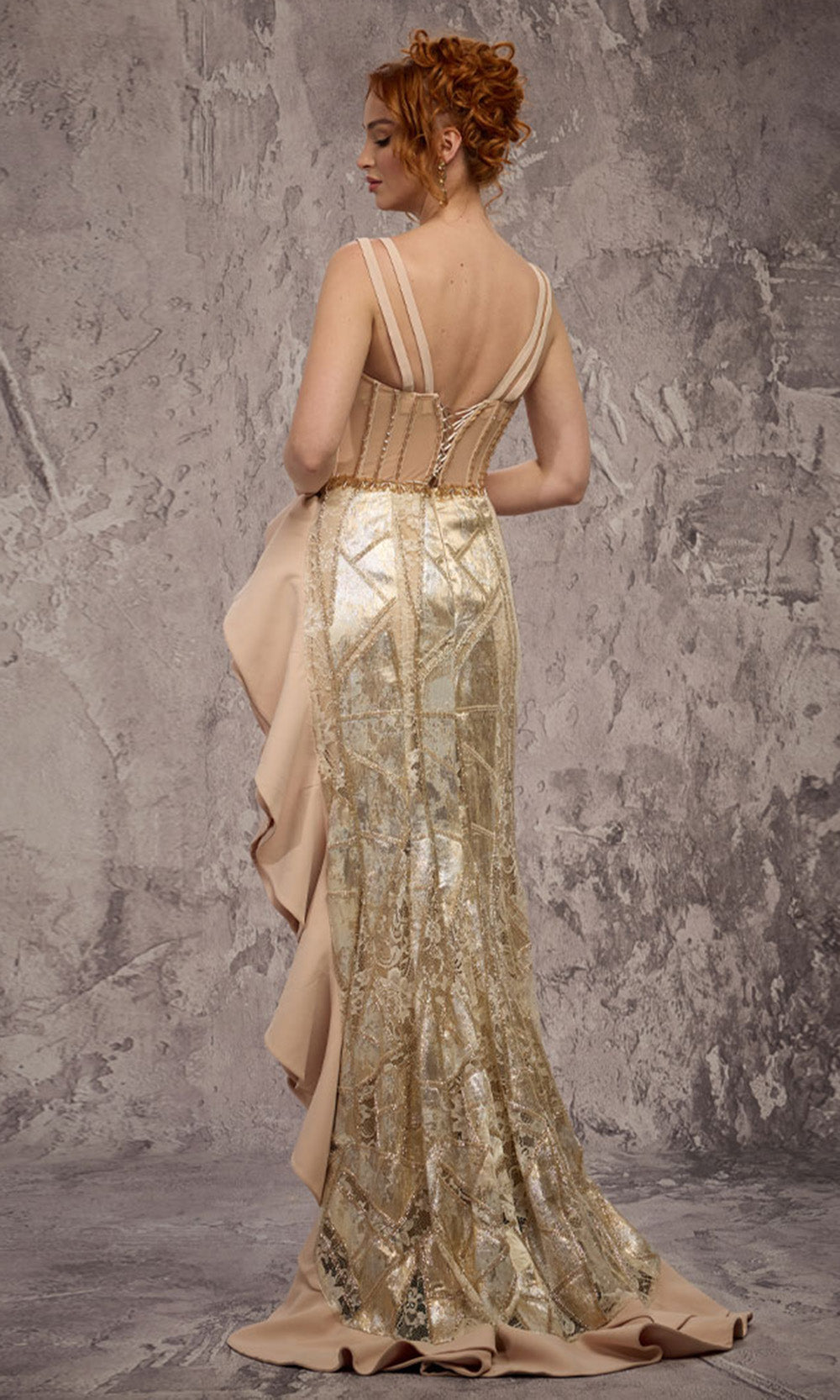MNM COUTURE J03632 - Square Neck Ruffled Side Cascade Gown Evening Dresses in Gold 