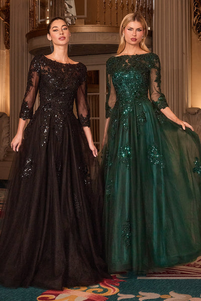 Ladivine J883 - Three-Quarter Sleeve Embroidered Gown In Black, and Green