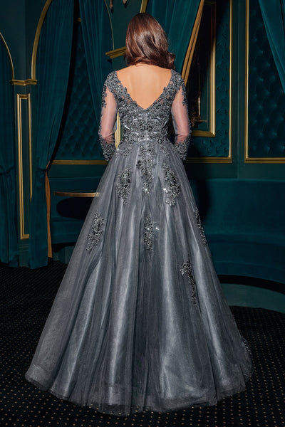 Ladivine J883 - Three-Quarter Sleeve Embroidered Gown In Gray
