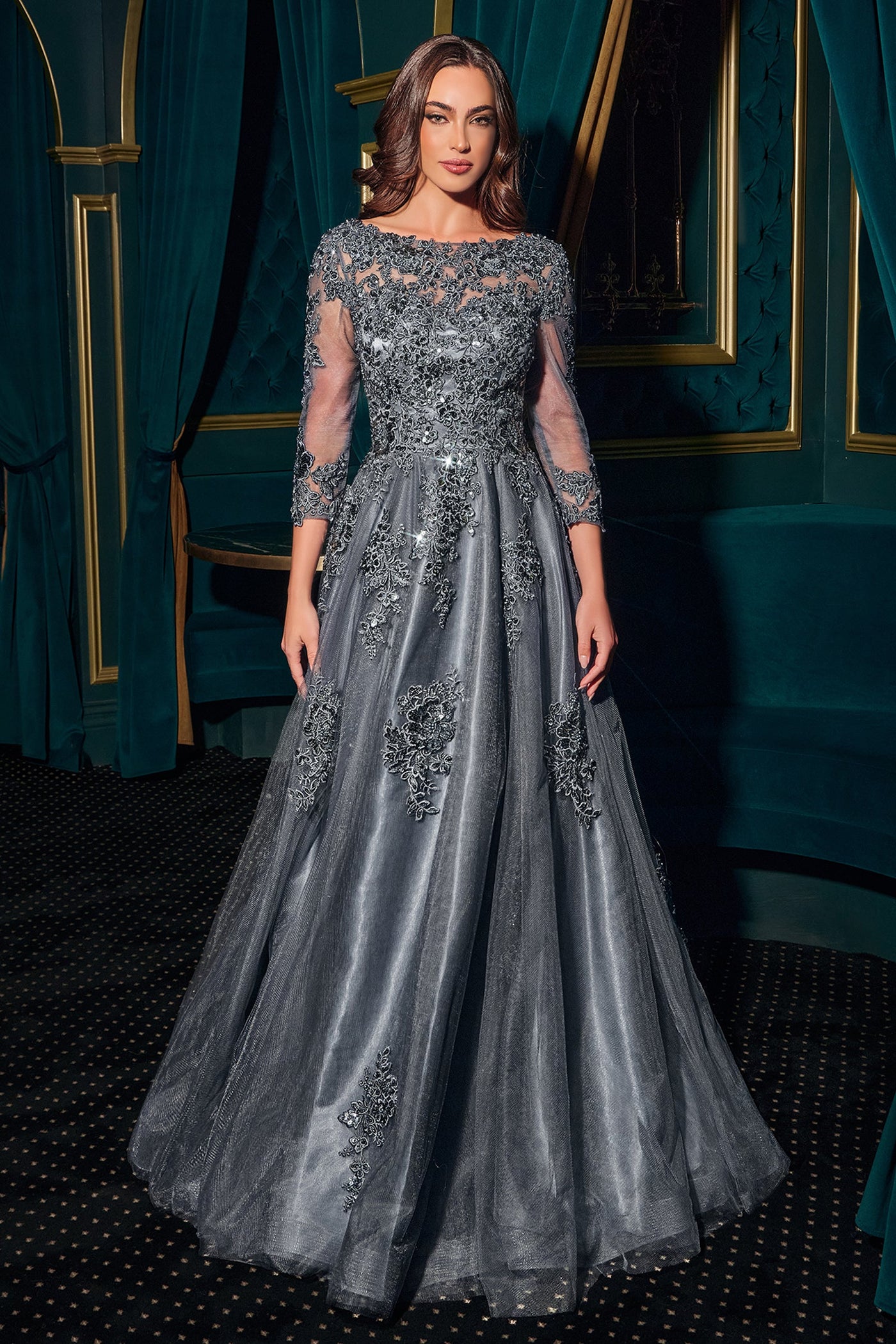 Ladivine J883 - Three-Quarter Sleeve Embroidered Gown In Gray