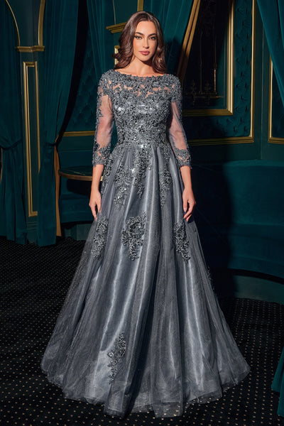Ladivine J883 - Three-Quarter Sleeve Embroidered Gown In Gray
