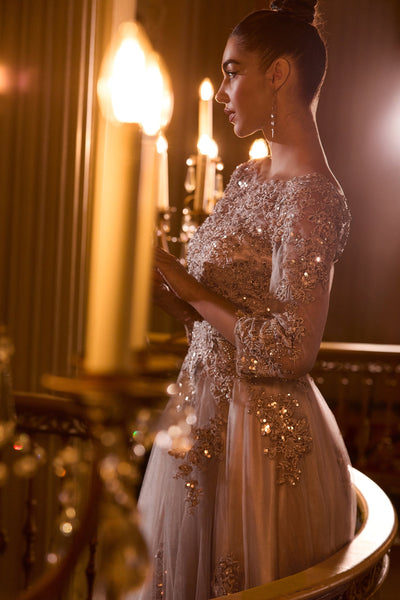 Ladivine J883 - Three-Quarter Sleeve Embroidered Gown In Brown and Gold
