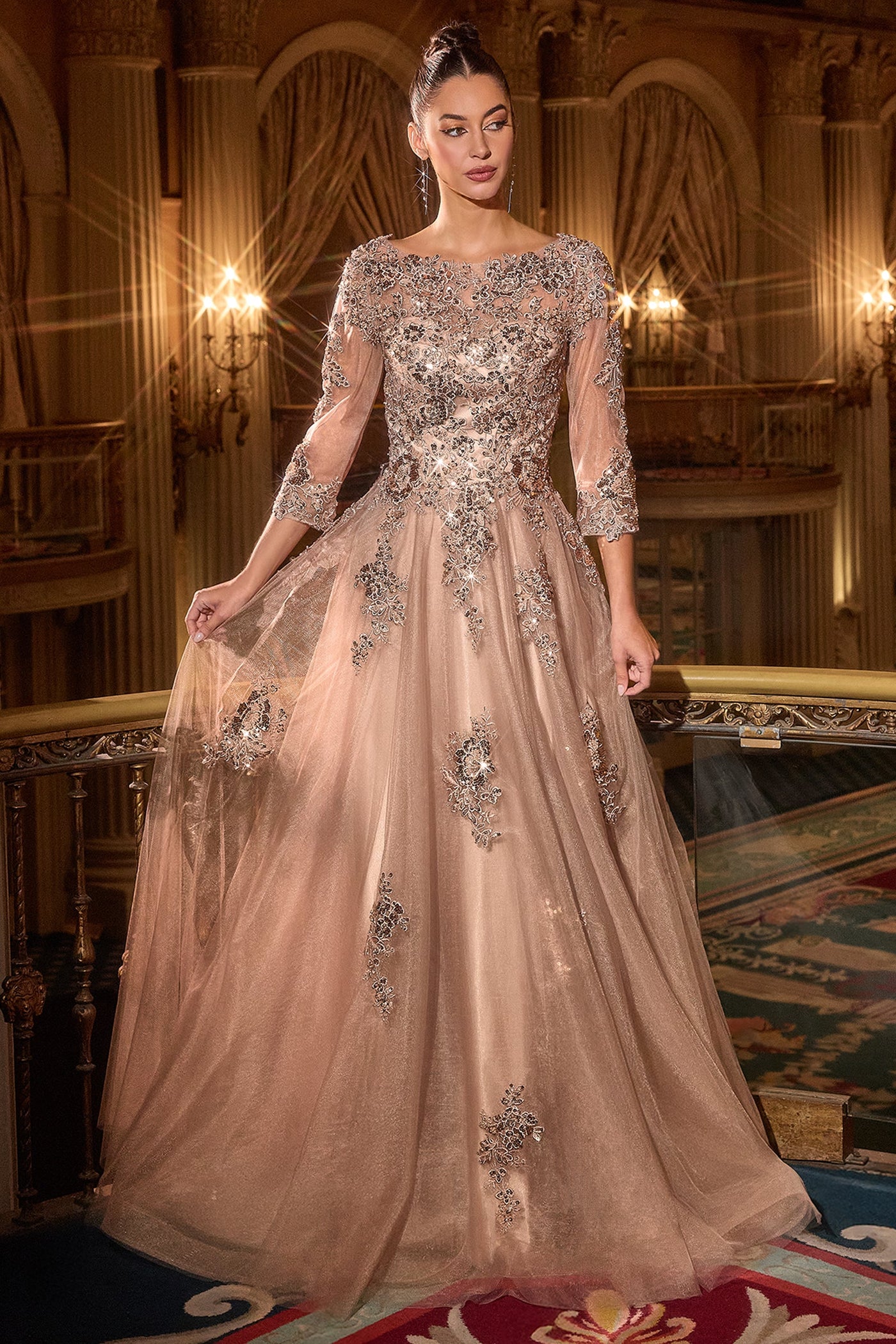Ladivine J883 - Three-Quarter Sleeve Embroidered Gown In Brown and Gold