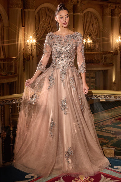 Ladivine J883 - Three-Quarter Sleeve Embroidered Gown In Brown and Gold