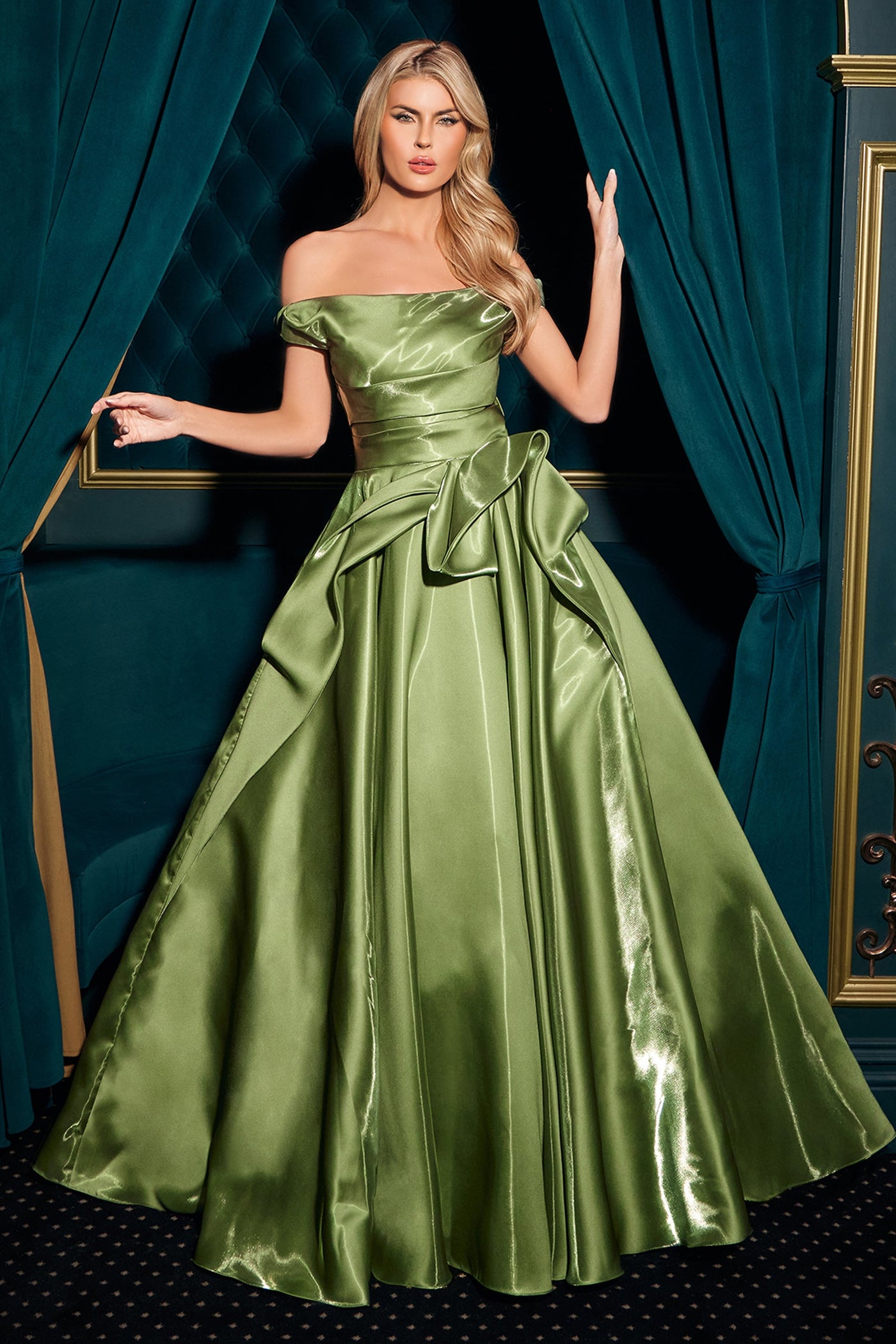 Ladivine J885 - Structured Bodice Cap Sleeve Ballgown Ball Gowns in Green