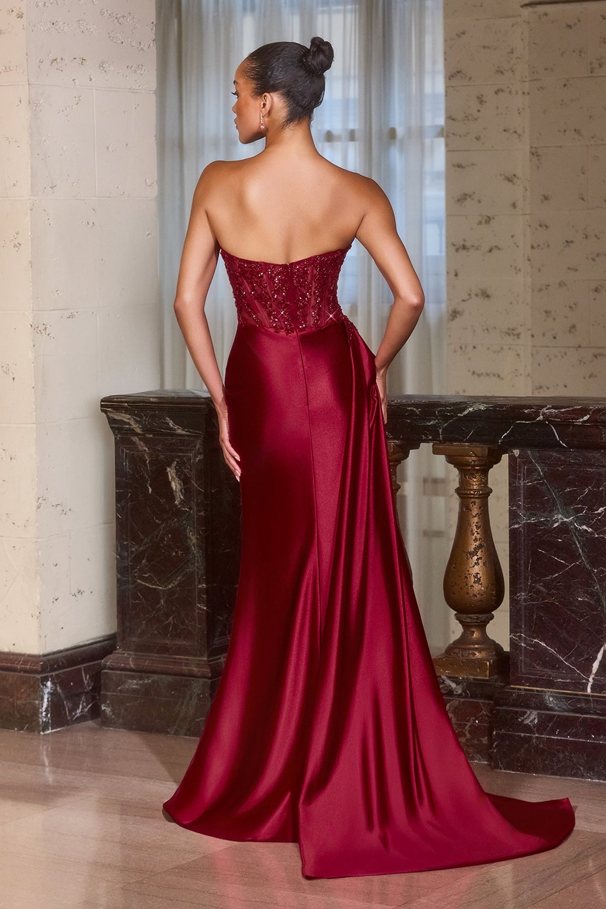 Ladivine J887 - Sequin Corset Satin Evening Gown In Red