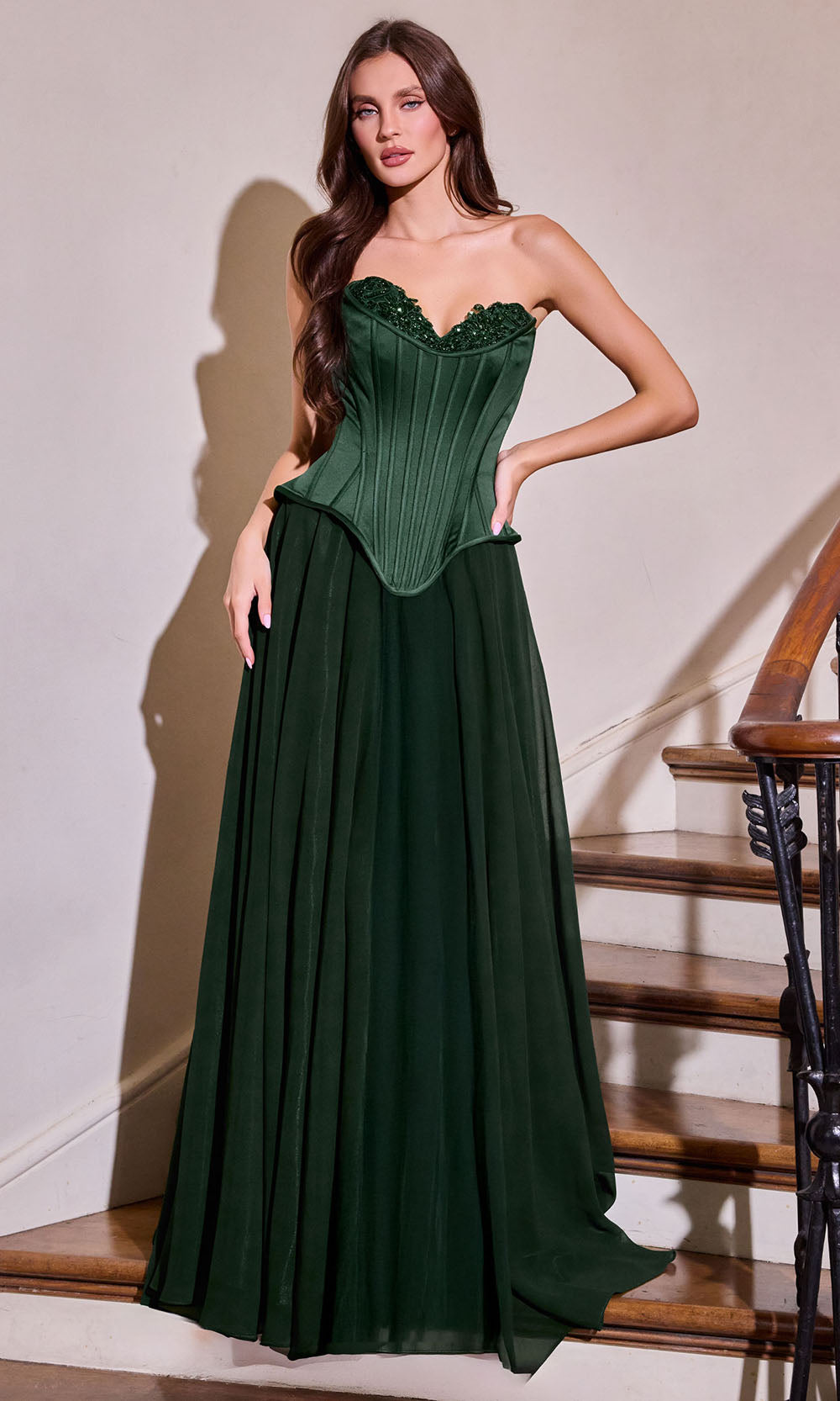 Ladivine J891 - Beaded Trim Sweetheart Chiffon Gown Prom Dresses in Emerald