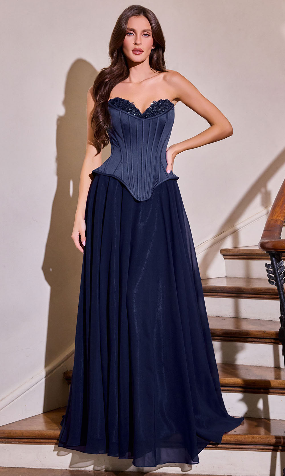 Ladivine J891 - Beaded Trim Sweetheart Chiffon Gown Prom Dresses in Navy