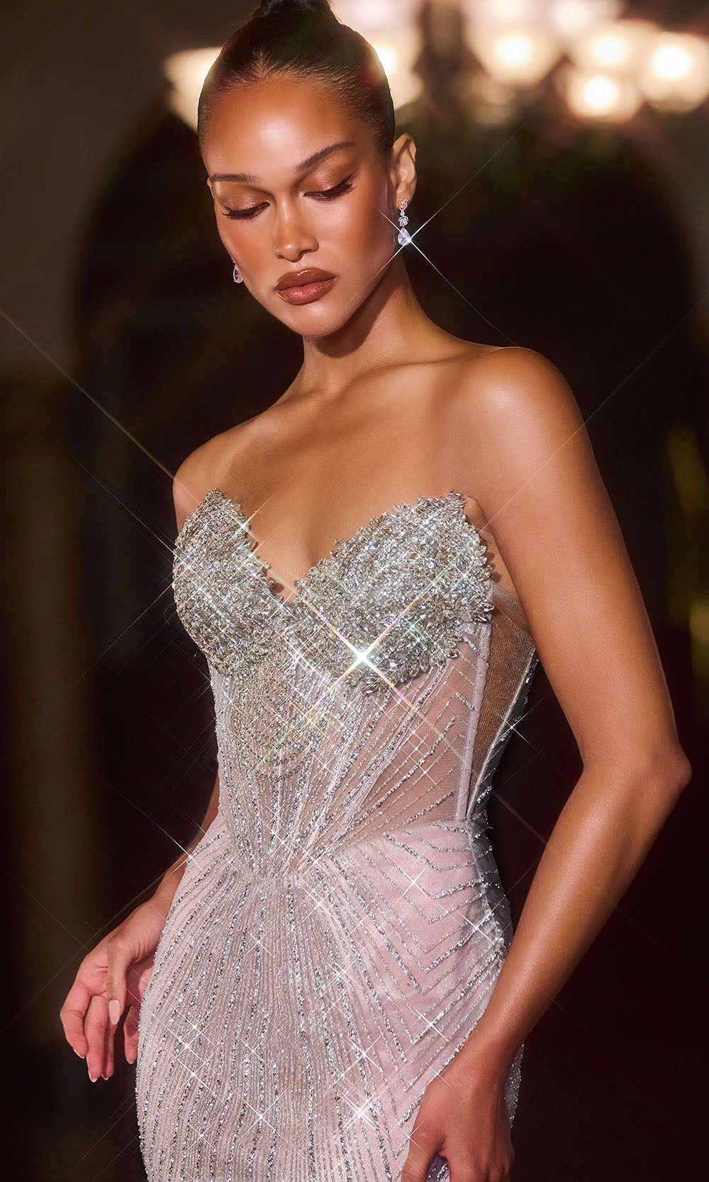 Ladivine J903 - Sheath Skirt Strapless Beaded Gown Prom Dresses in Silver Nude