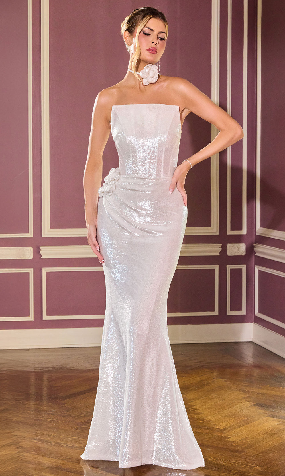 Ladivine J905 - Straight Across Neck Fully Sequin Gown Prom Dresses in White