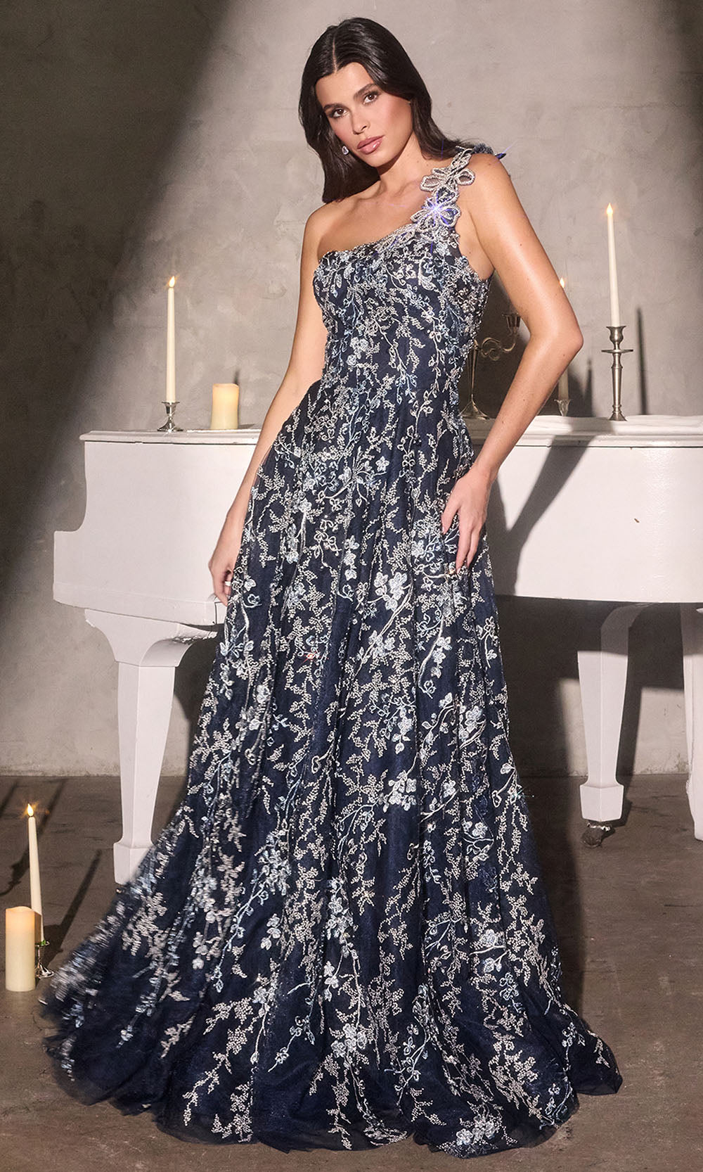 Ladivine J909 - Embroidered Lace A-Line Long Gown Prom Dresses in Navy