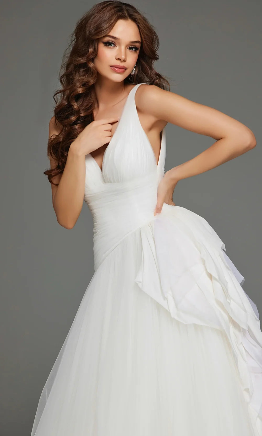 Jovani Bridal JB23241 - Ruched Waist V-Neckline Tulle Gown Wedding Dresses  in Off White
