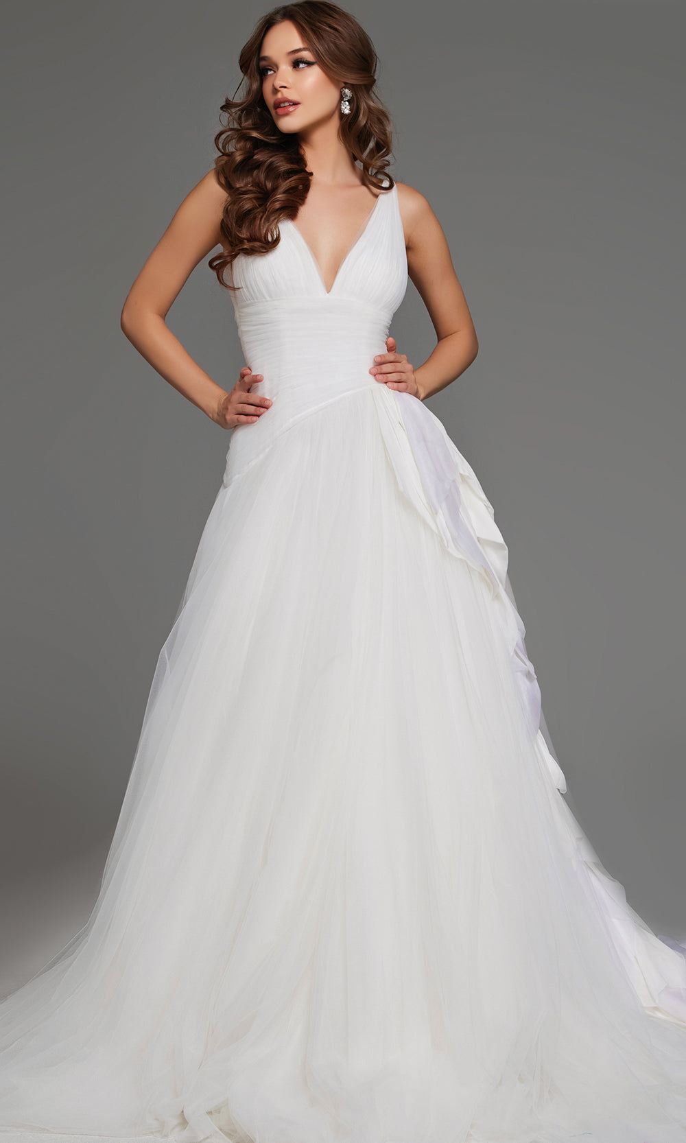 Jovani Bridal JB23241 - Ruched Waist V-Neckline Tulle Gown Wedding Dresses  in Off White