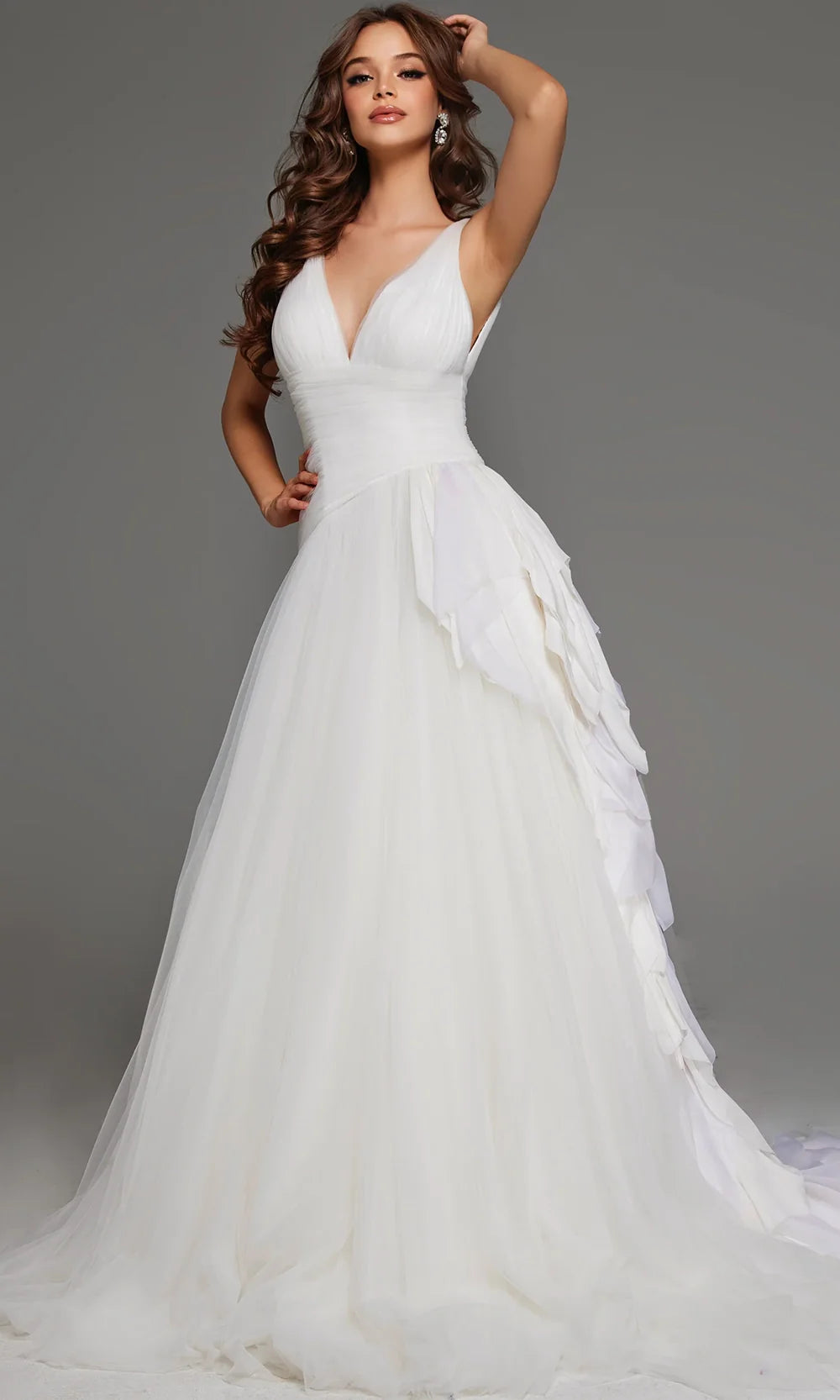 Jovani Bridal JB23241 - Ruched Waist V-Neckline Tulle Gown Wedding Dresses  in Off White