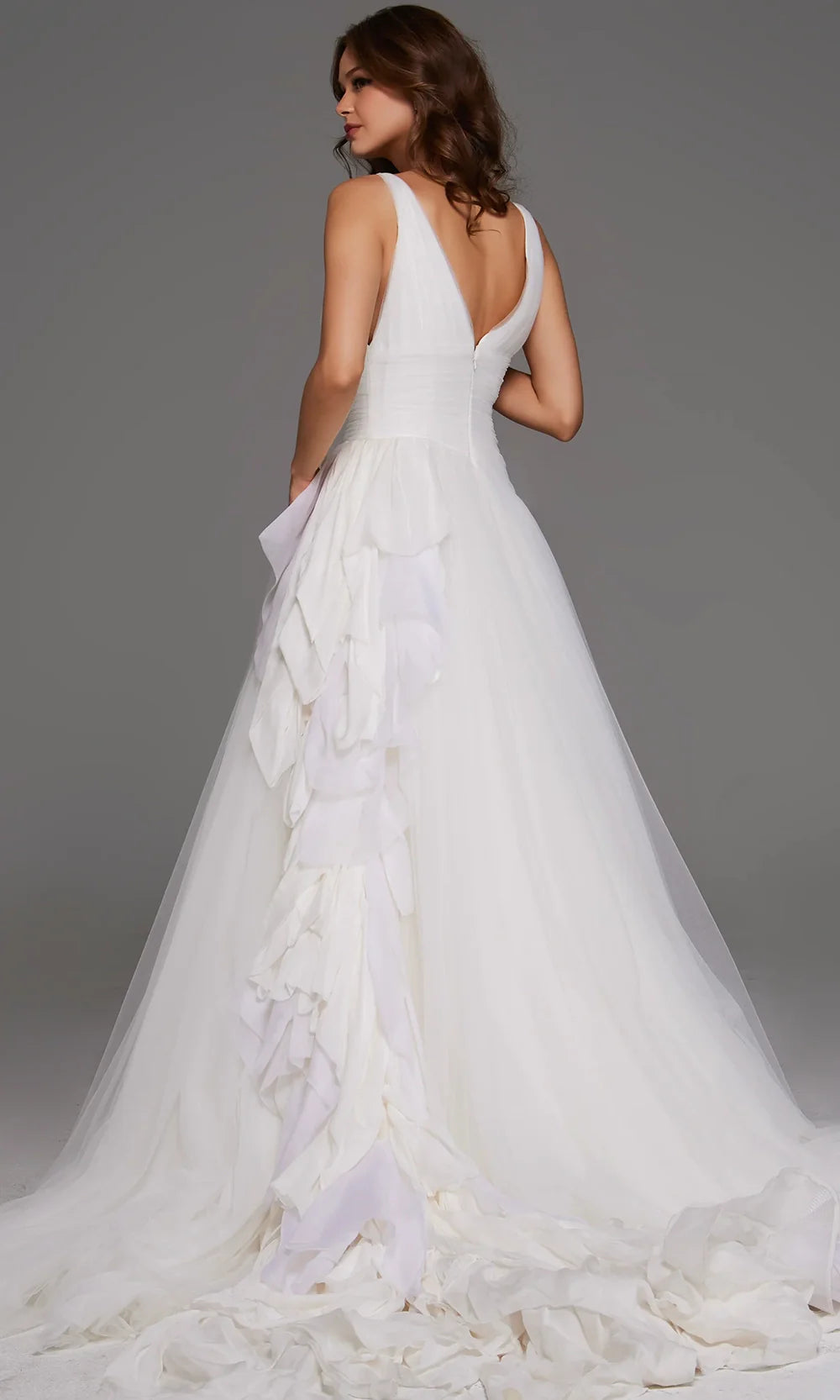 Jovani Bridal JB23241 - Ruched Waist V-Neckline Tulle Gown Wedding Dresses  in Off White