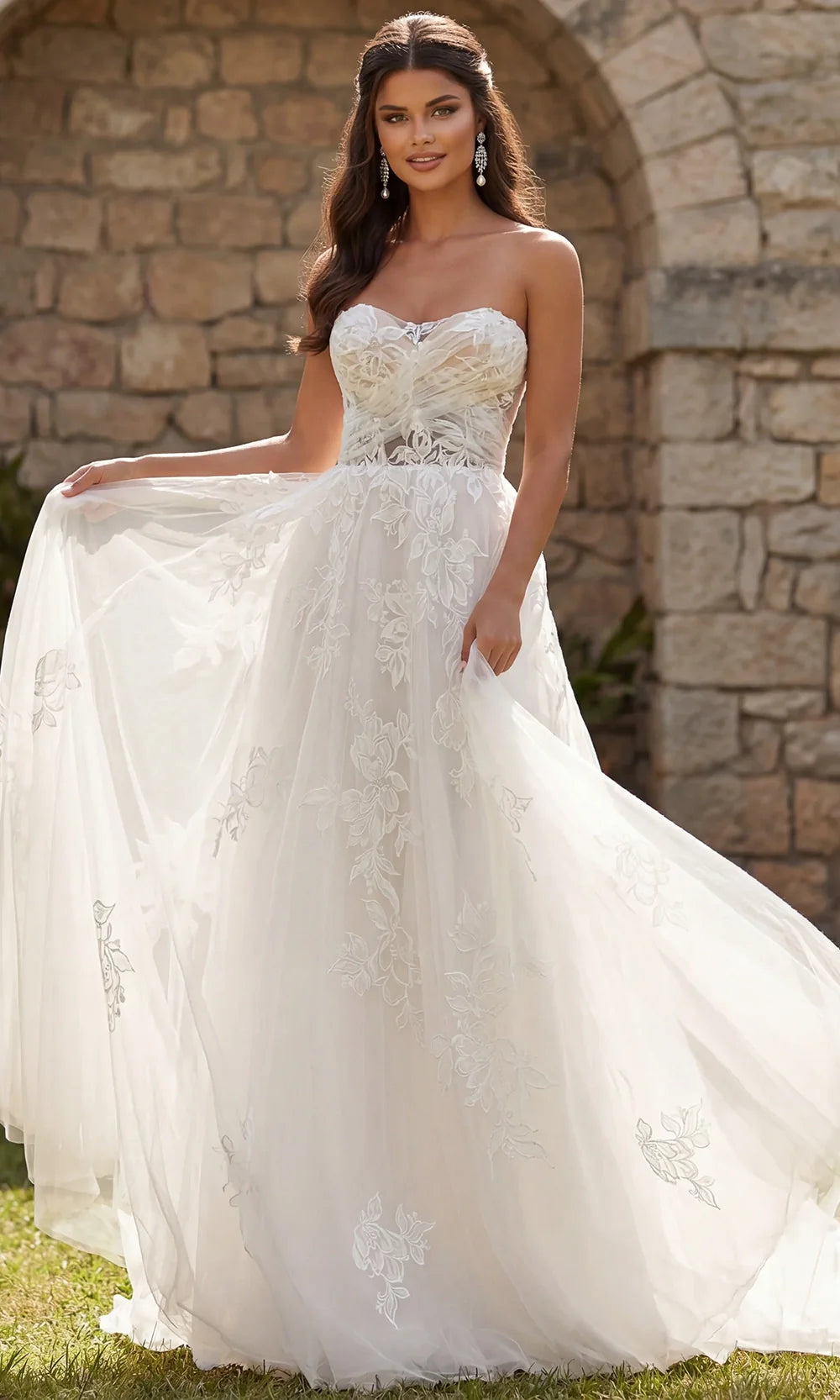 Jovani Bridal JB43191 - Embroidered Tulle A-Line Long Gown Wedding Dresses  in Ivory Nude