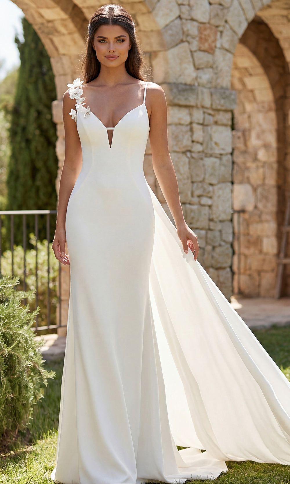 Jovani Bridal JB49631 - Open Back Fitted Crepe Gown with Floral Accent Wedding Dresses  in Off White