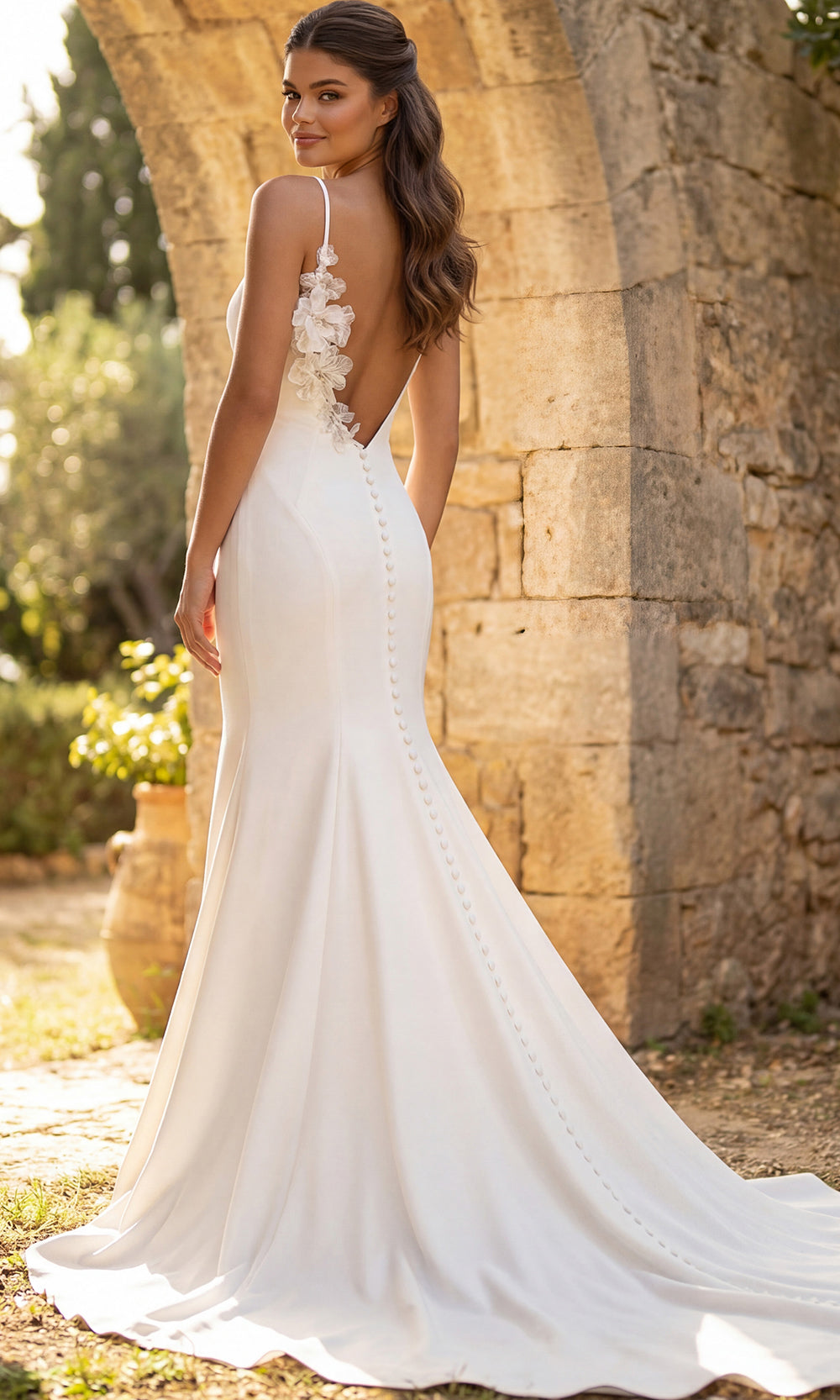 Jovani Bridal JB49631 - Open Back Fitted Crepe Gown with Floral Accent Wedding Dresses  in Off White