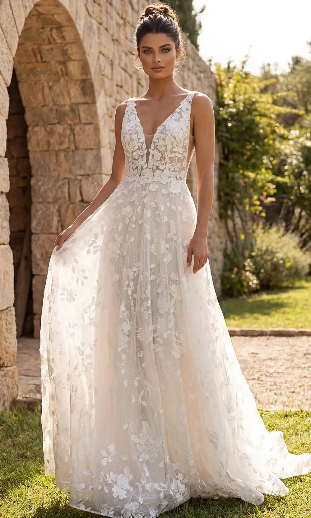 Jovani Bridal JB49748 - V-Neck Applique Tulle Gown with Train Wedding Dresses  in Ivory Nude
