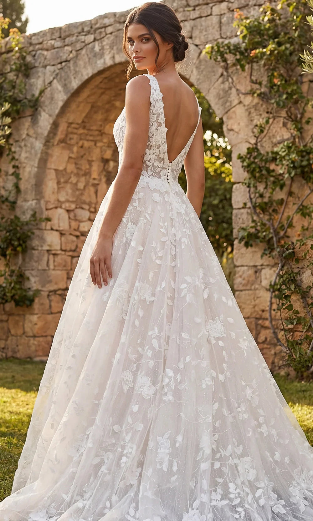Jovani Bridal JB49748 - V-Neck Applique Tulle Gown with Train Wedding Dresses  in Ivory Nude