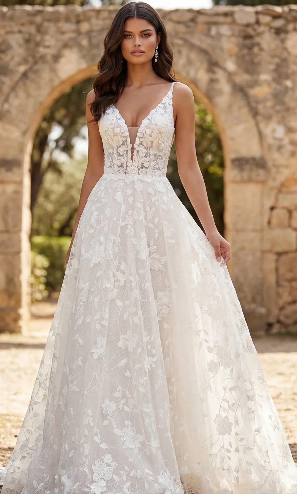 Jovani Bridal JB49748 - V-Neck Applique Tulle Gown with Train Wedding Dresses  in Ivory Nude