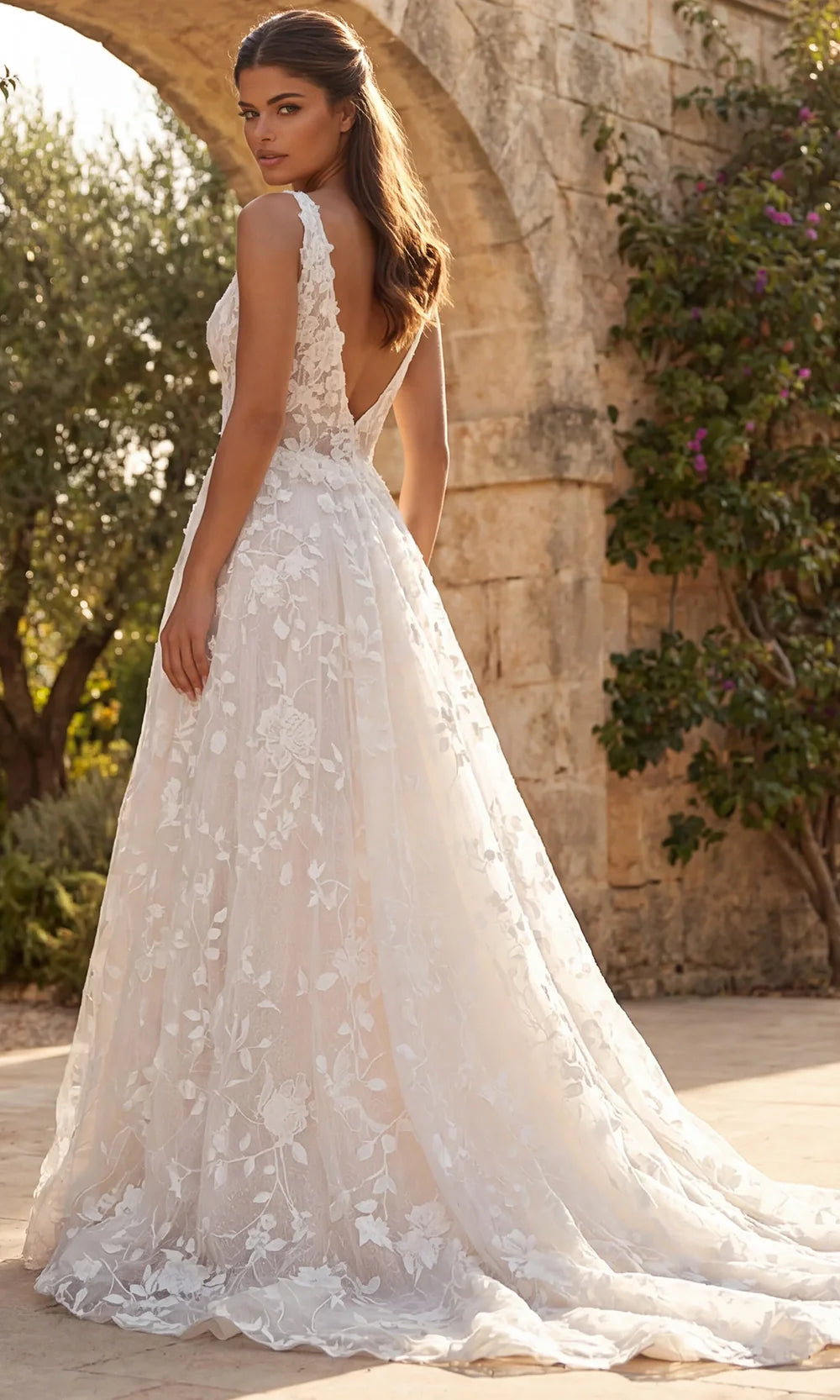 Jovani Bridal JB49748 - V-Neck Applique Tulle Gown with Train Wedding Dresses  in Ivory Nude